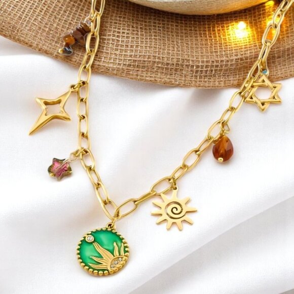🆕️Boho Celestial Charm Y2K Style Necklace 18K Gold Plated 316L Stainless Steel - Picture 1 of 13